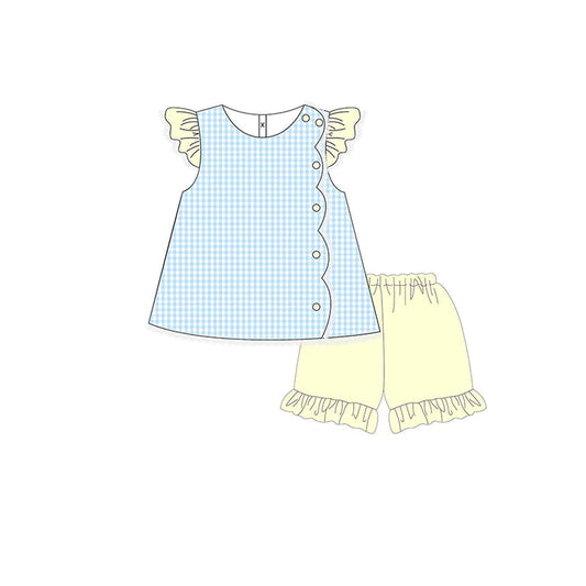 MOQ 5 preorder GSSO2775 Blue Plaid Yellow Flying Sleeve Shorts Girls Set 202510