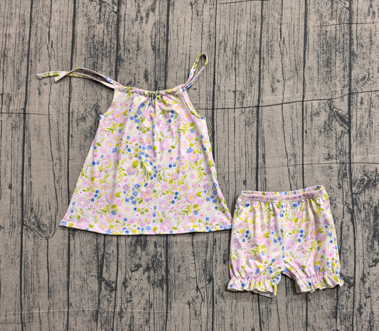 NO MOQ preorder GSSO2778 Flower Leaf Blue Purple Halter Top Shorts Girls Set 202601