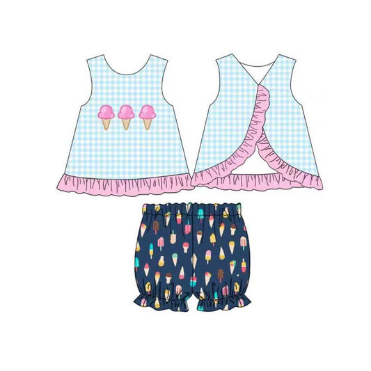 MOQ 5 preorder GSSO2780 Ice Cream Blue Plaid Pink Ruffle Sleeveless Top Shorts Girls Set 202510