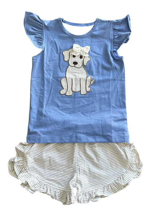 MOQ 5 preorder GSSO2781 Cute Puppy Blue Flying Sleeve Top Stripe Ruffle Shorts Girls Set 202510