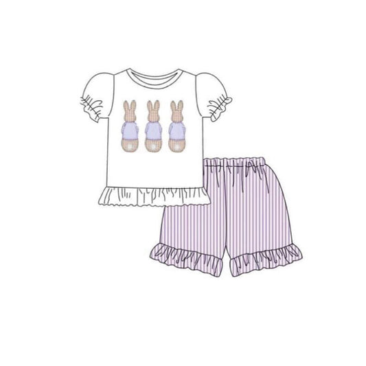 MOQ 5 preorder GSSO2783 Easter Bunny White Puff Short Sleeve Top Purple Stripe Shorts Girls Set 202510