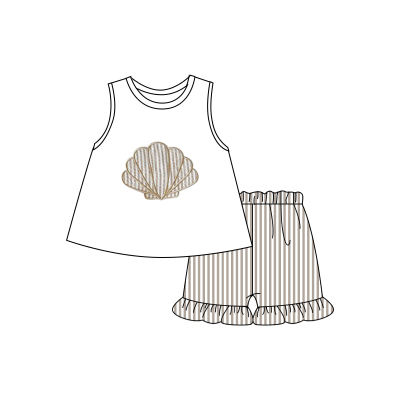 MOQ 5 preorder GSSO2787 Shell White Sleeveless Stripe Shorts Girls Sets 202510