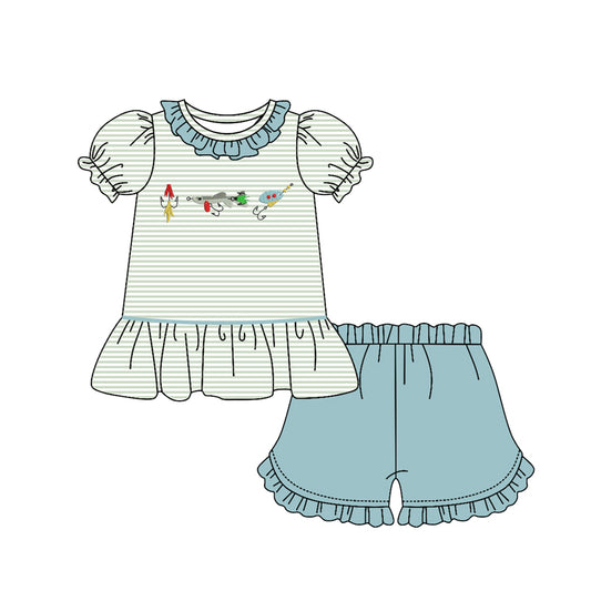 MOQ 5 preorder GSSO2792 Fishing Lure Green Stripe Ruffle Short Sleeve Shorts Girls Sets 202510