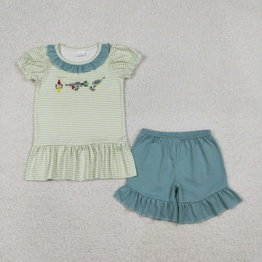 GSSO2792 Embroidered Fishing Lure Green Stripe Ruffle Short Sleeve Shorts Girls Sets 202512 RTS