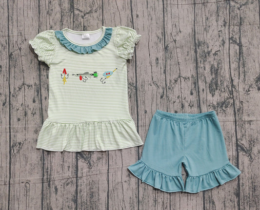 NO MOQ preorder GSSO2792 Embroidered Fishing Lure Green Stripe Ruffle Short Sleeve Shorts Girls Sets 202511