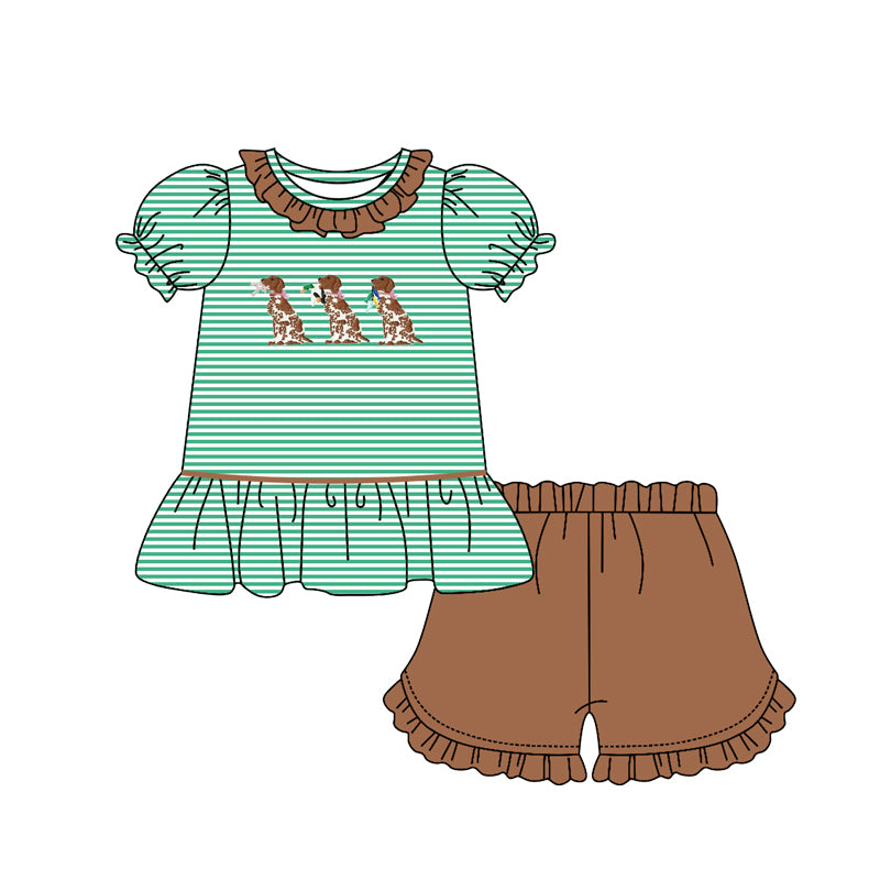 MOQ 5 preorder GSSO2793 Dalmatian Duck Green Stripe Brown Ruffle Short Sleeve Shorts Girls Sets 202510