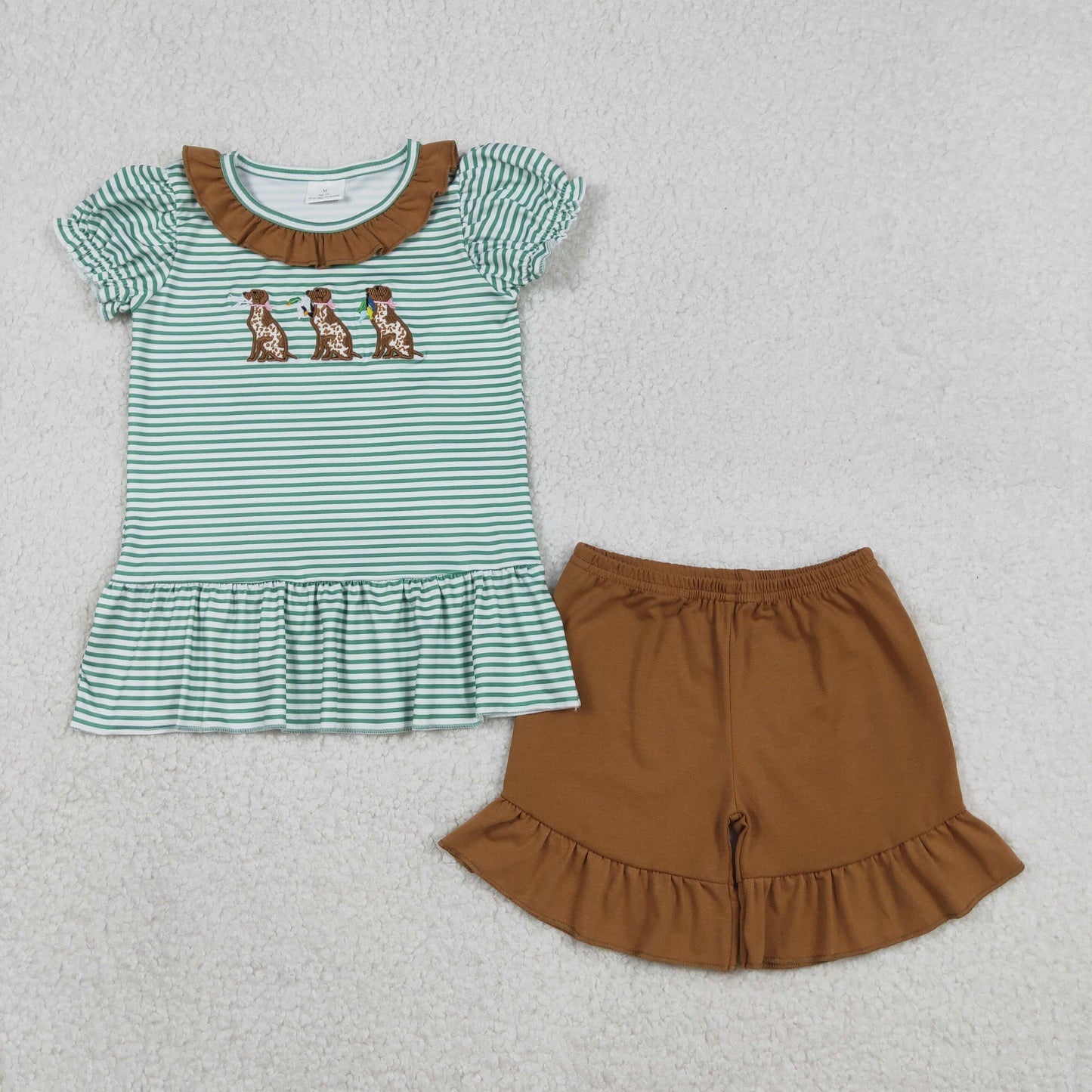 GSSO2793 Embroidered Dalmatian Duck Green Stripe Brown Ruffle Short Sleeve Shorts Girls Sets 202512 RTS