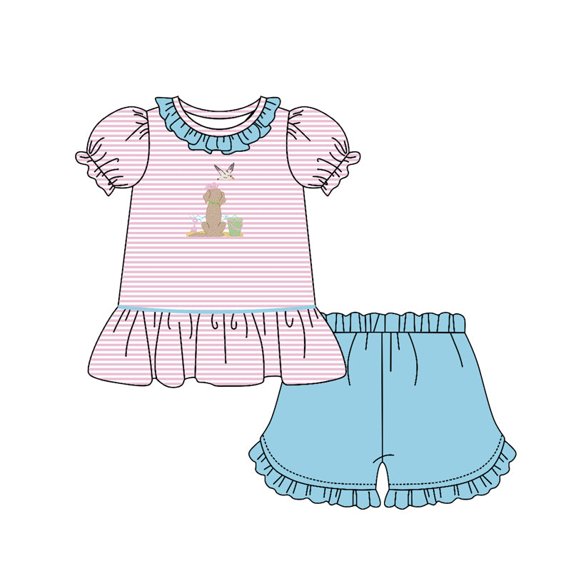 MOQ 5 preorder GSSO2794 Duck Puppy Beach Bucket Pink Stripe Blue Ruffle Short Sleeve Shorts Girls Sets 202510
