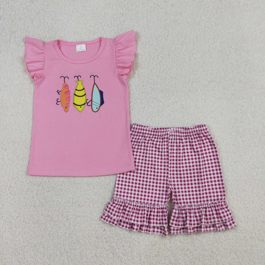 GSSO2795 Embroidered Fishing Bait Rose Red Ruffle Flying Sleeve Plaid Shorts Girls Sets 202512 RTS
