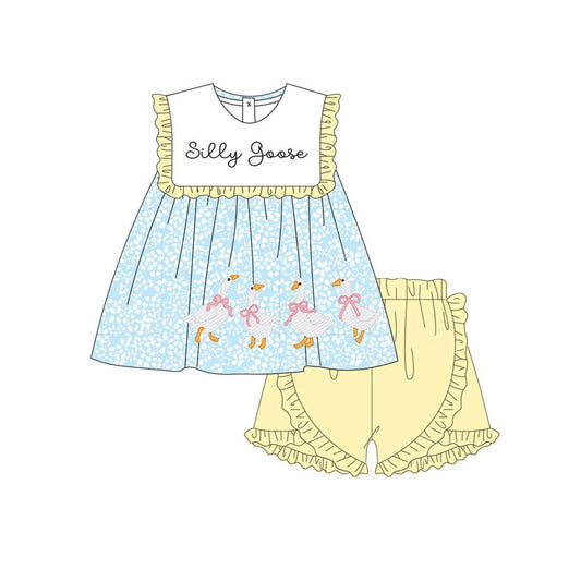 MOQ 5 preorder GSSO2796 Silly Goose Floral Print Yellow Ruffle Blue Sleeveless Shorts Girls Sets 202510