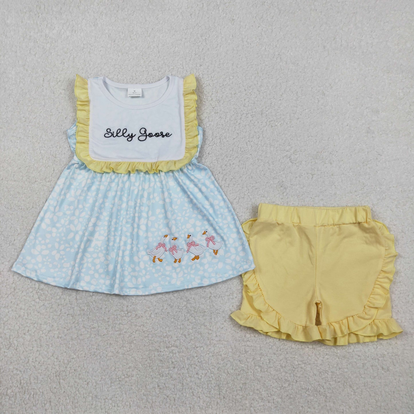 GSSO2796 Embroidered Silly Goose Floral Print Yellow Ruffle Blue Sleeveless Shorts Girls Sets 202602 RTS