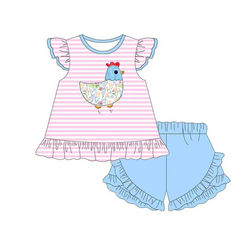 MOQ 5 preorder GSSO2797 Flower Chicken Pink Stripe Flying Sleeve Blue Ruffle Shorts Girls Sets 202510