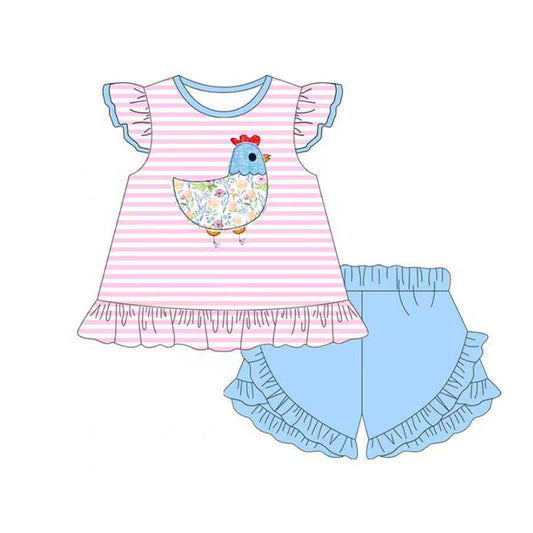 MOQ 5 preorder GSSO2797 Flower Chicken Pink Stripe Flying Sleeve Blue Ruffle Shorts Girls Sets 202510