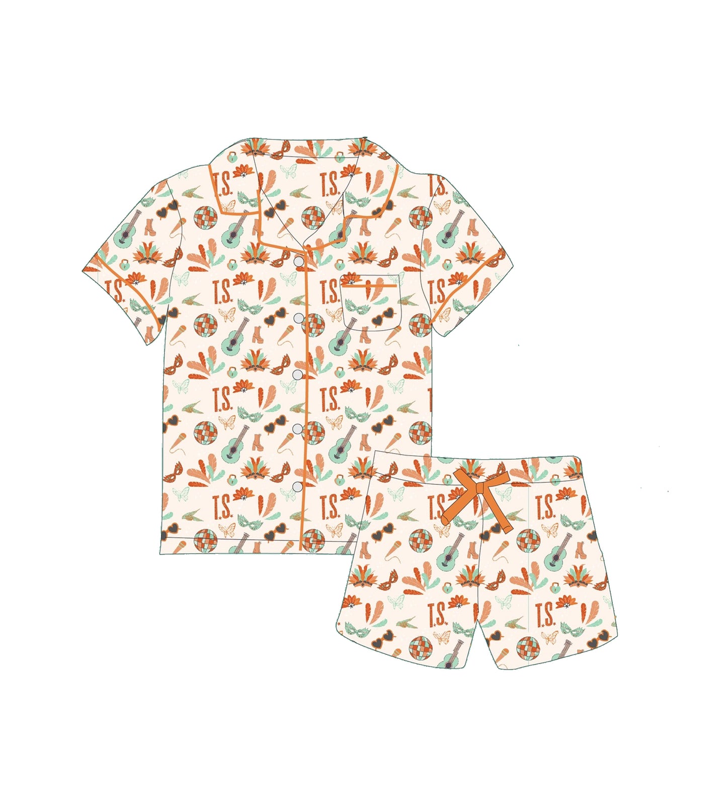 MOQ 5 preorder GSSO2803 T.S. Taylor Guitar Mask Feather Buttons Short Sleeve Shorts Girls Pajama Set 202510