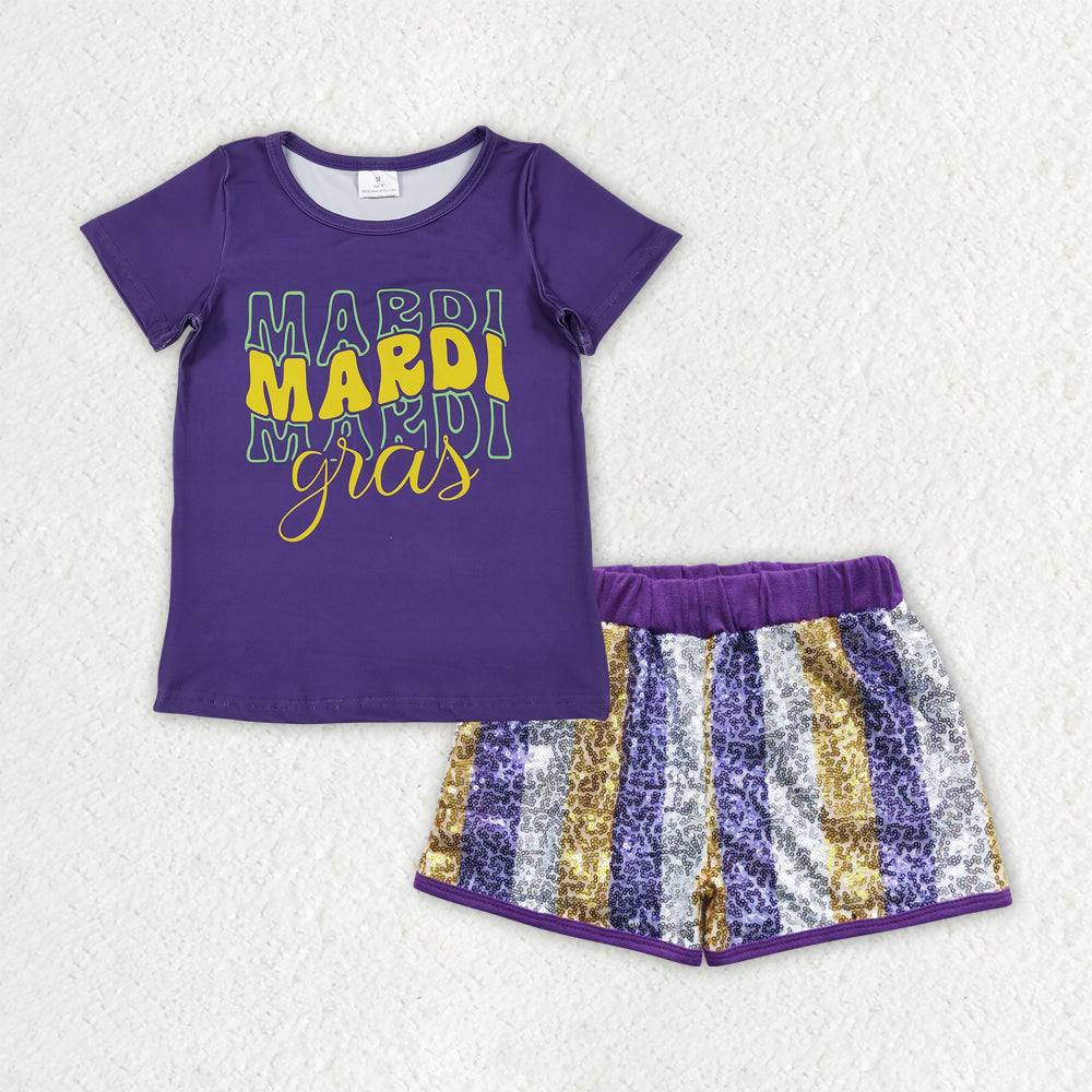 GSSO2805 Mardi Gras Letter Purple Short Sleeve Purple Golden Silver Sequin Shorts Girls Sets 202510 RTS