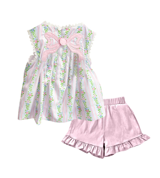 MOQ 5 preorder GSSO2810 Flower Leaf Pink Bow Sleeveless Shorts Girls Sets 202510