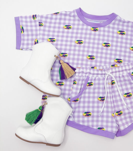 MOQ 5 preorder GSSO2814 Mardi Gras Donut Purple Plaid Short Sleeve Shorts Girls Sets 202510
