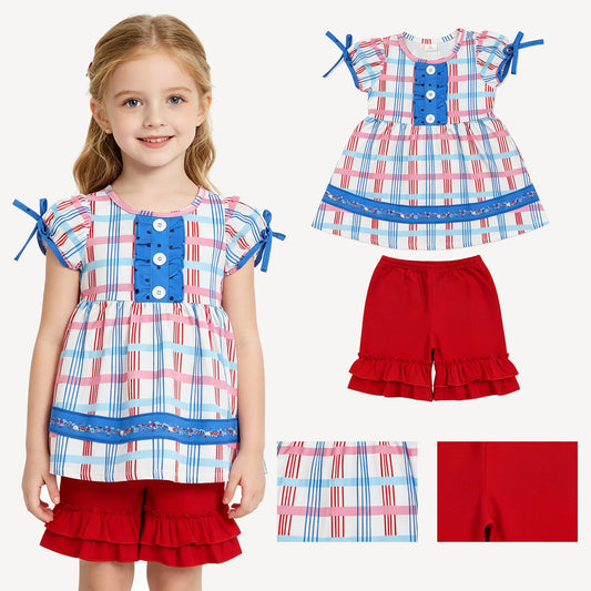 GSSO2815 4th of July Red Blue Plaid Ruffle Short Sleeve Shorts Girls Sets 202605 RTS