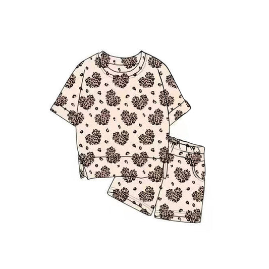 MOQ 5 PCS preorder GSSO2819 Leopard Love Beige Short Sleeve Shorts Girls Sets 202511