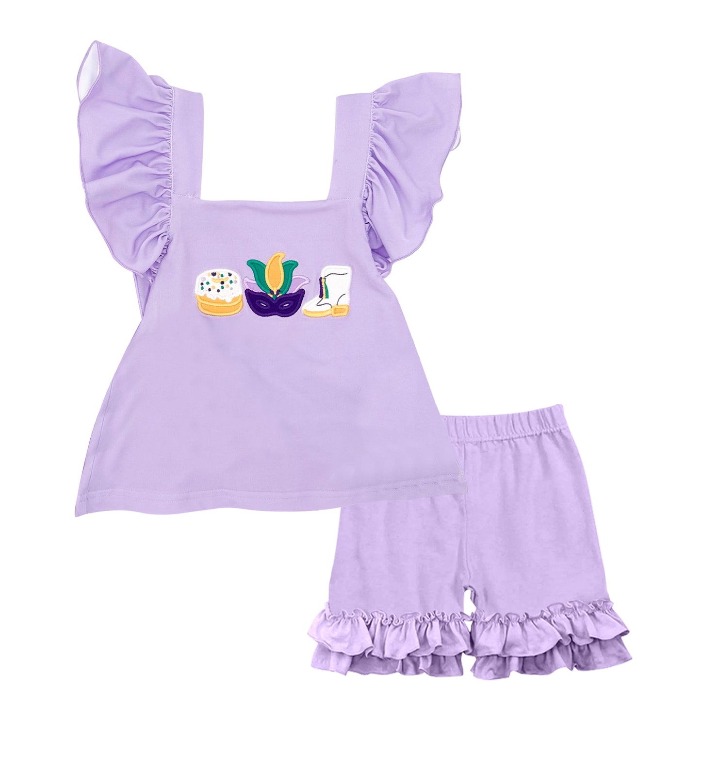 MOQ 5 PCS preorder GSSO2828 Mardi Gras Cake Mask Boots Purple Flying Sleeve Ruffle Shorts Girls Sets 202511