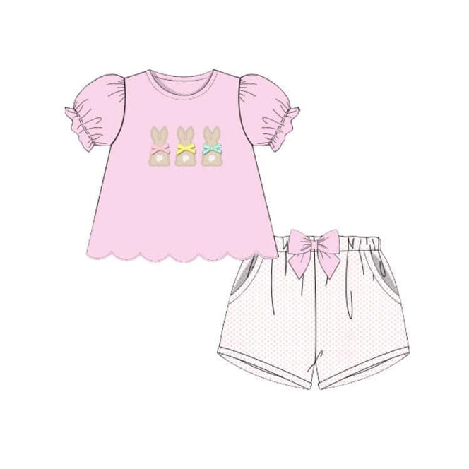 MOQ 5 PCS preorder GSSO2829 Easter Bunny Pink Puff Short Sleeve Shorts Girls Sets 202511