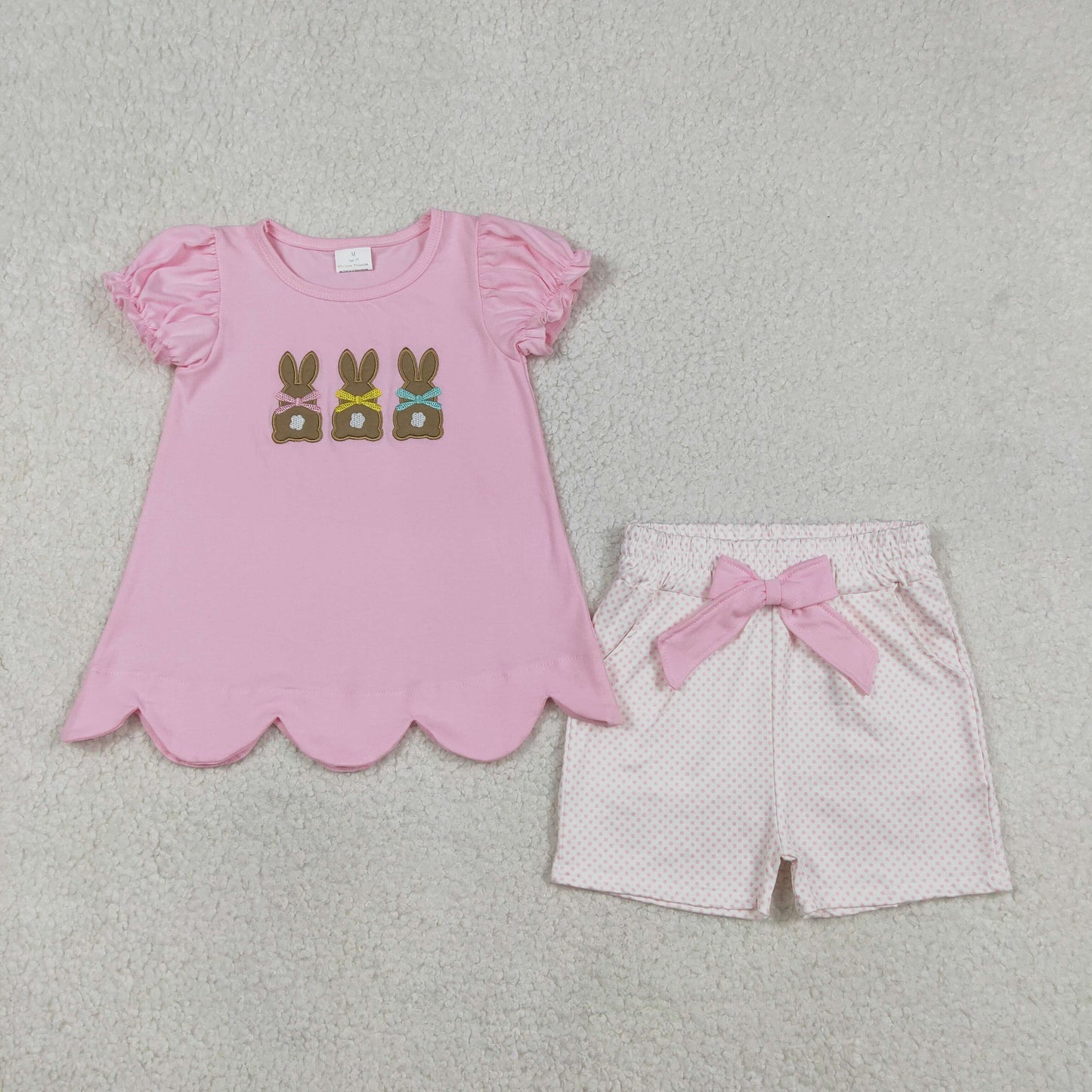 GSSO2829 Embroidered Easter Bunny Pink Puff Short Sleeve Shorts Girls Sets 202601 RTS