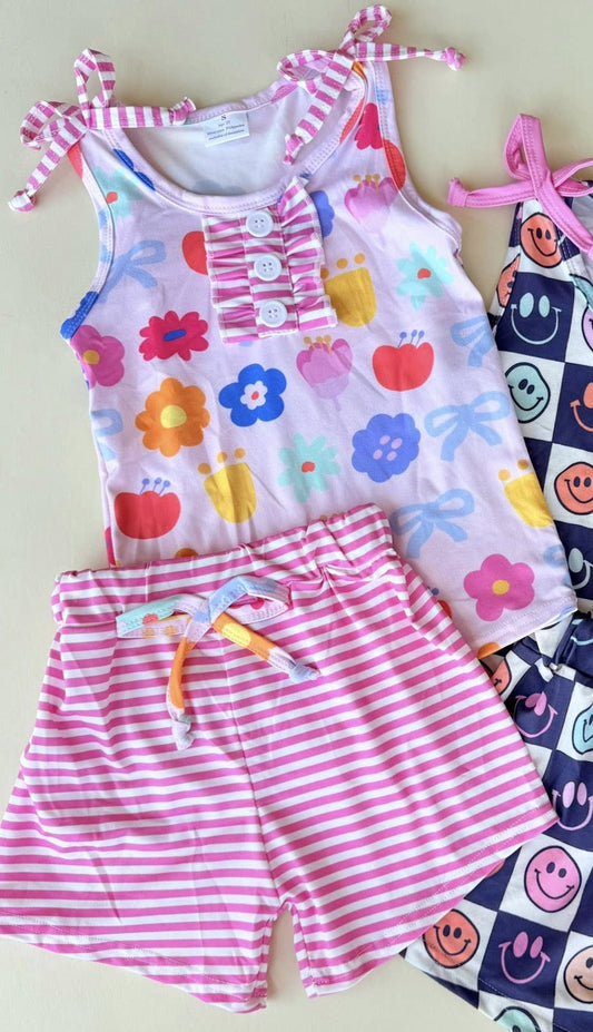 MOQ 5 PCS Preorder GSSO2830 Colored Flower Pink Sleeveless Shorts Girls Sets 202511