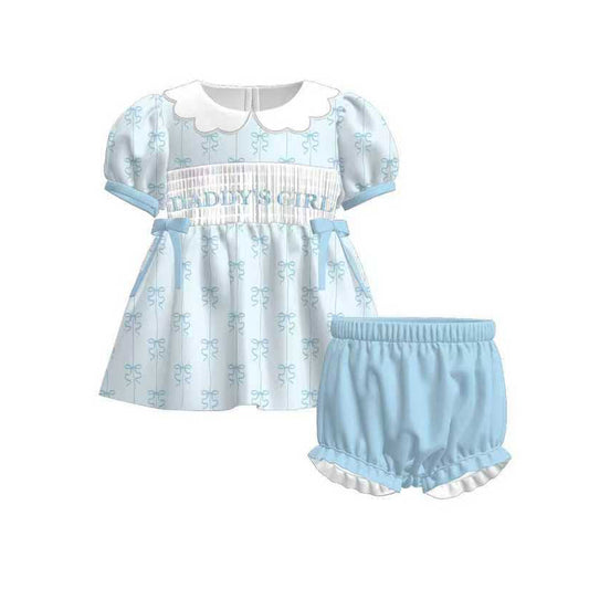 MOQ 5 PCS Preorder GSSO2832 Daddy's Girls Blue Bows White Doll Collar Short Sleeve Shorts Girls Sets 202511