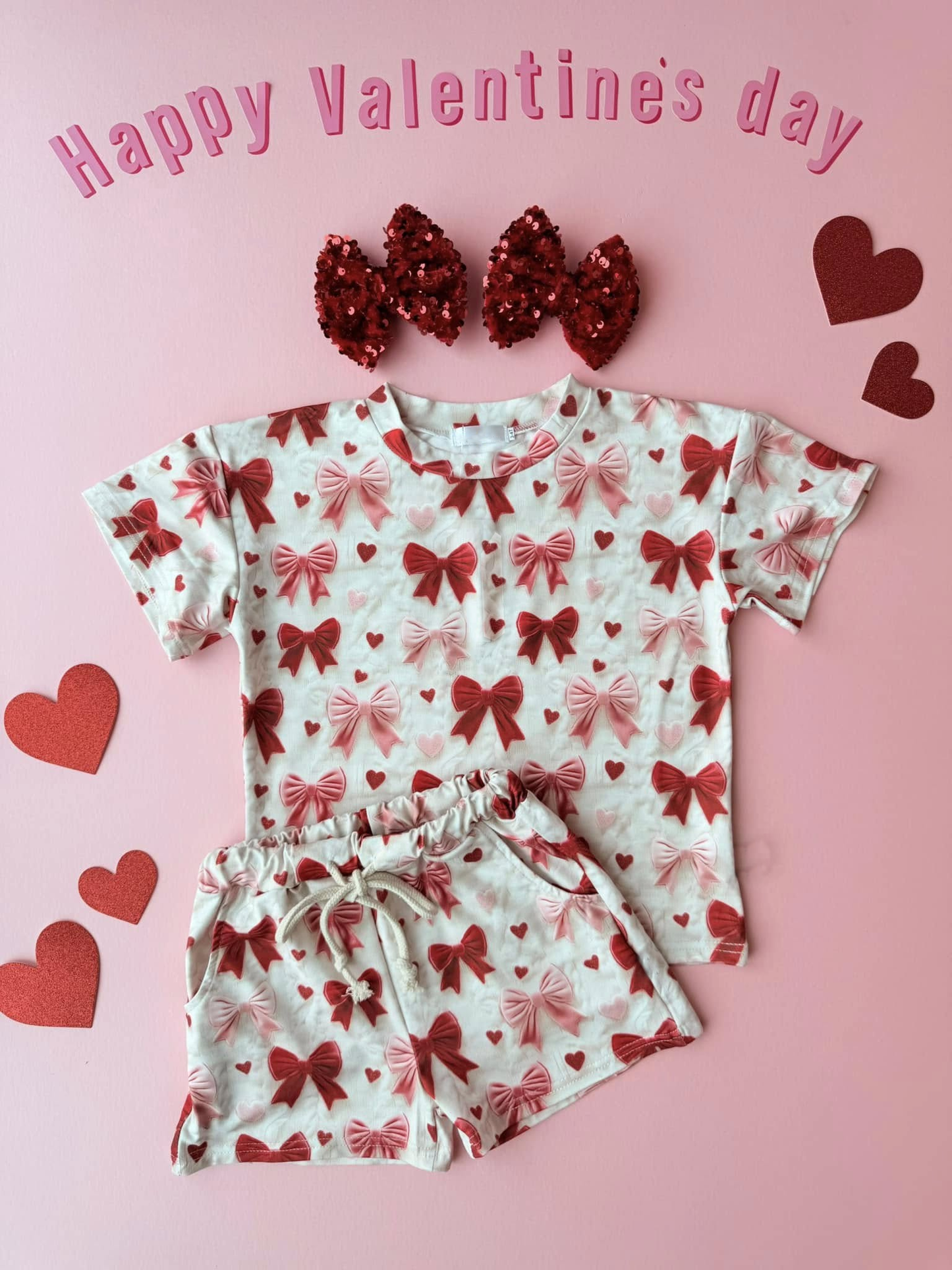 MOQ 5 PCS Preorder GSSO2835 Valentines Day Red Bows Love Short Sleeve Shorts Girls Sets 202511