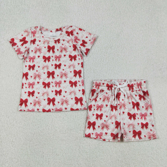 GSSO2835 Valentines Day Red Bows Love Short Sleeve Shorts Girls Sets 202512 RTS