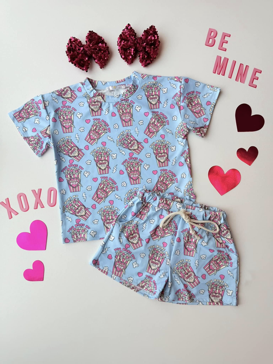 MOQ 5 PCS Preorder GSSO2836 Valentines Day Heart Pop Popcorn Lightning Blue Short Sleeve Shorts Girls Sets 202511