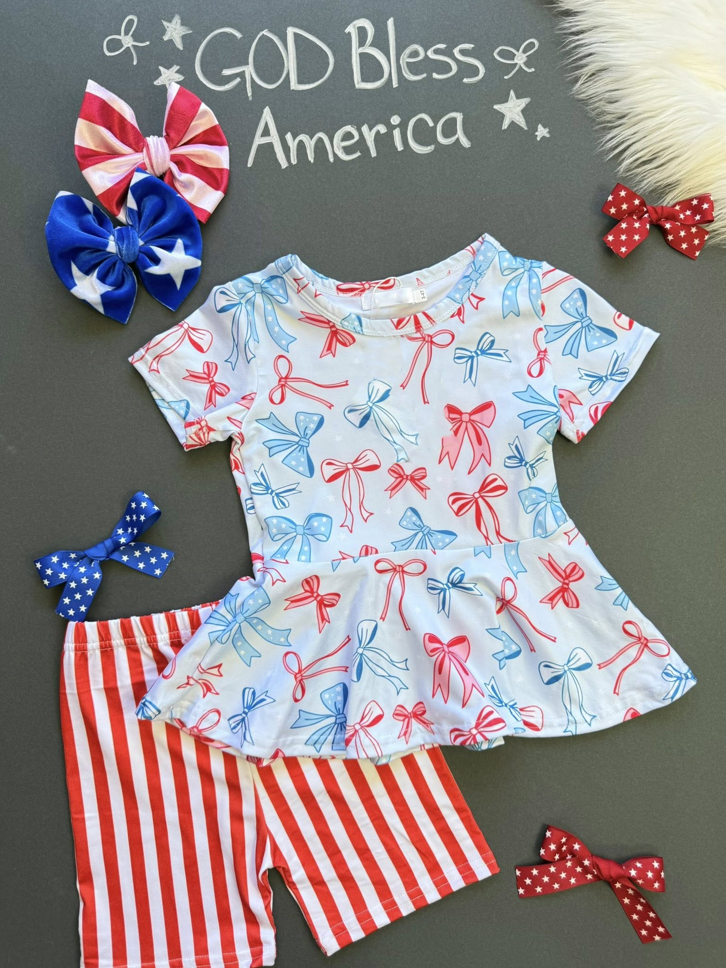 MOQ 5 PCS Preorder GSSO2838 4th of July Bows Short Sleeve Stripe Shorts Girls Sets 202511