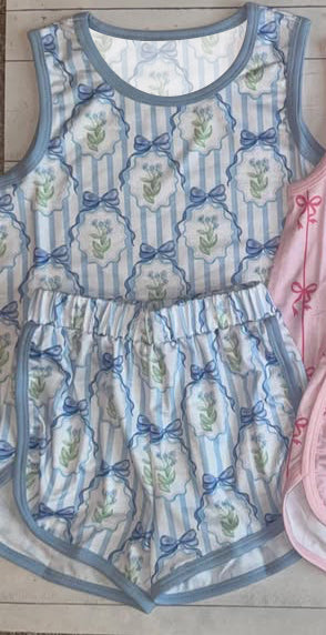 MOQ 5 PCS Preorder GSSO2842 Flower Bows Stripe Blue Sleeveless Shorts Girls Sets 202511