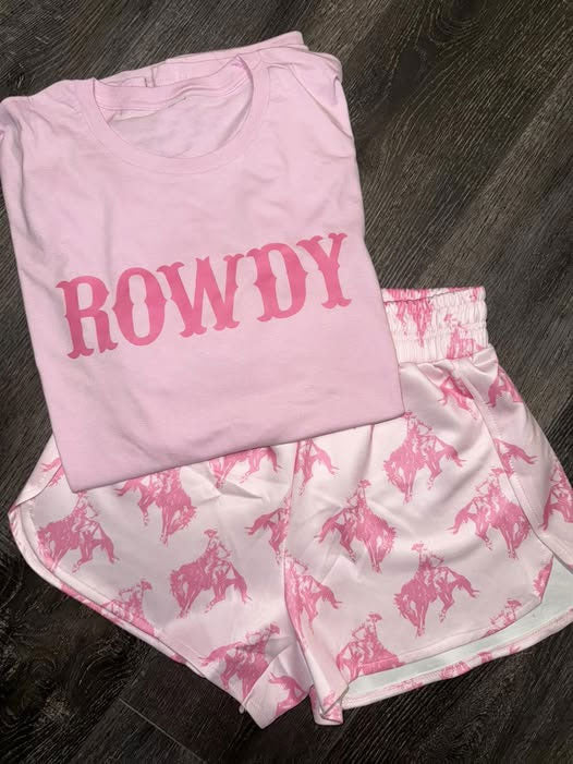 MOQ 5 PCS Preorder GSSO2844 Cowgirl Rowdy Riding Horse Pink Short Sleeve Shorts Girls Sets 202511