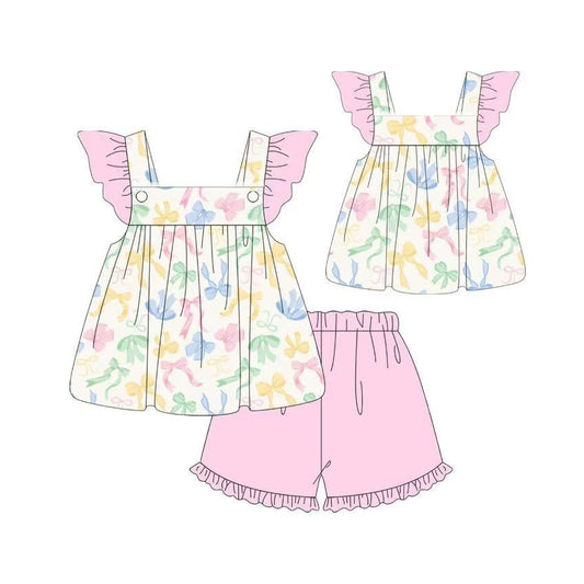 MOQ 5 PCS Preorder GSSO2845 Colored Bows Pink Ruffle Flying Sleeve Shorts Girls Sets 202511