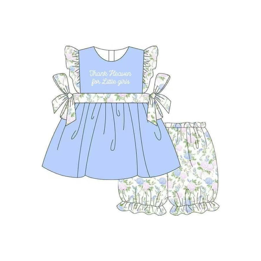 MOQ 5 PCS Preorder GSSO2846 Thank Heaven for Little Girls' Floral Blue Flying Sleeve Shorts Girls Sets 202511