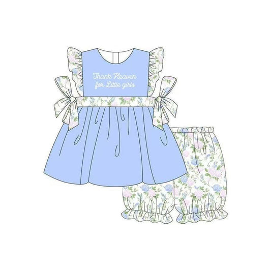 MOQ 5 PCS Preorder GSSO2846 Thank Heaven for Little Girls' Floral Blue Flying Sleeve Shorts Girls Sets 202511