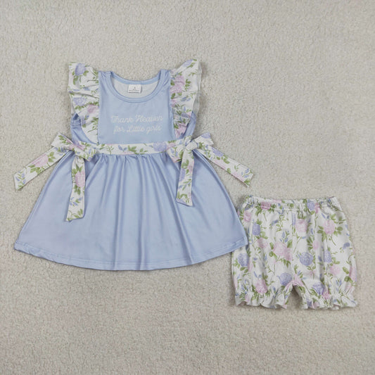 GSSO2846 Thank Heaven for Little Girls' Floral Blue Flying Sleeve Shorts Girls Sets 202603 RTS