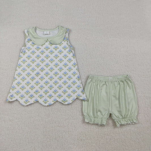 GSSO2850 Flower Green Plaid Doll Collar Sleeveless Shorts Girls Sets 202603 RTS