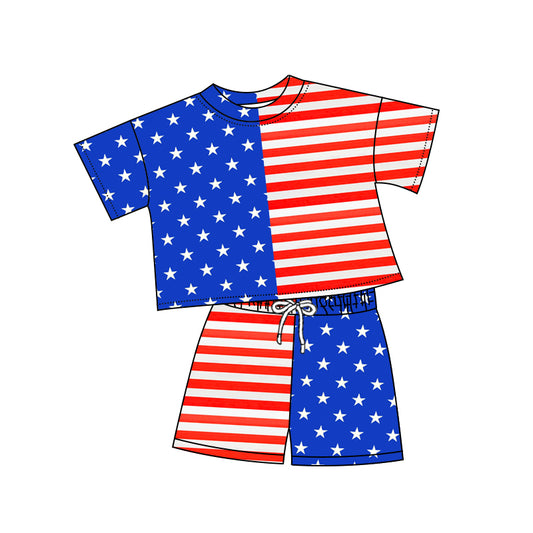 MOQ 5 PCS Preorder GSSO2852 4th of July Star Stripe Short Sleeve Shorts Girls Sets 202511