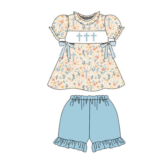 MOQ 5 PCS Preorder GSSO2855 Easter Cross Flower Short Sleeve Blue Ruffle Shorts Girls Sets 202511