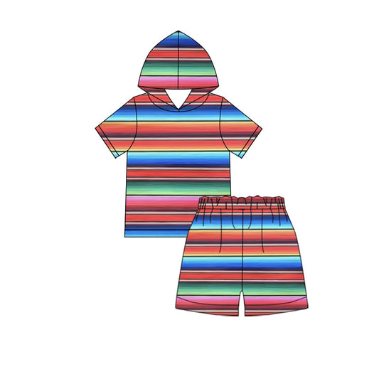 MOQ 5 PCS Preorder GSSO2858 Colored Stripe Hooded Short Sleeve Shorts Girls Sets 202511