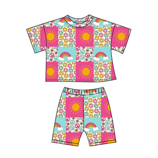 MOQ 5 PCS Preorder GSSO2865 Rainbow Sun Smiley Flower Plaid Short Sleeve Shorts Girls Sets 202511