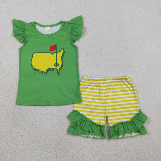 GSSO2867 Golf Course Red Flag Green Flying Sleeve Yellow Stripe Shorts Girls Sets 202601 RTS