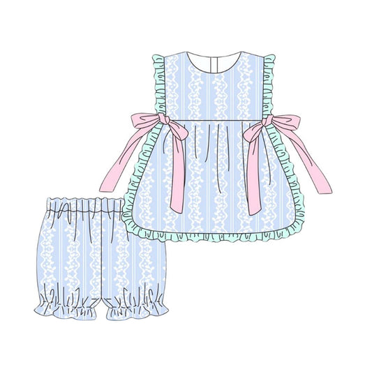 MOQ 5 PCS Preorder GSSO2872 Stripe Pink Bows Blue Ruffle Sleeveless Shorts Girls Sets 202511