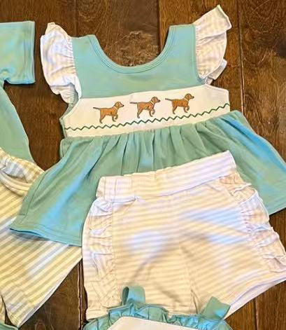 MOQ 5 PCS Preorder GSSO2876 Puppy Pink Stripe Flying Sleeve Blue Top Shorts Girls Sets 202511