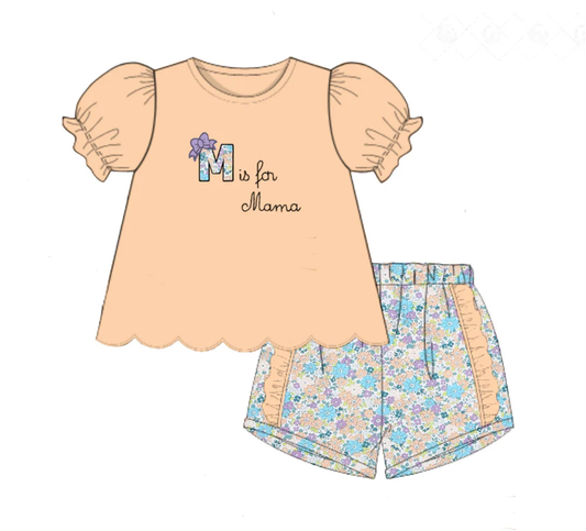 MOQ 5 PCS Preorder GSSO2877 M is for mama Orange Short-Sleeve Floral Print Shorts Girls Sets 202511
