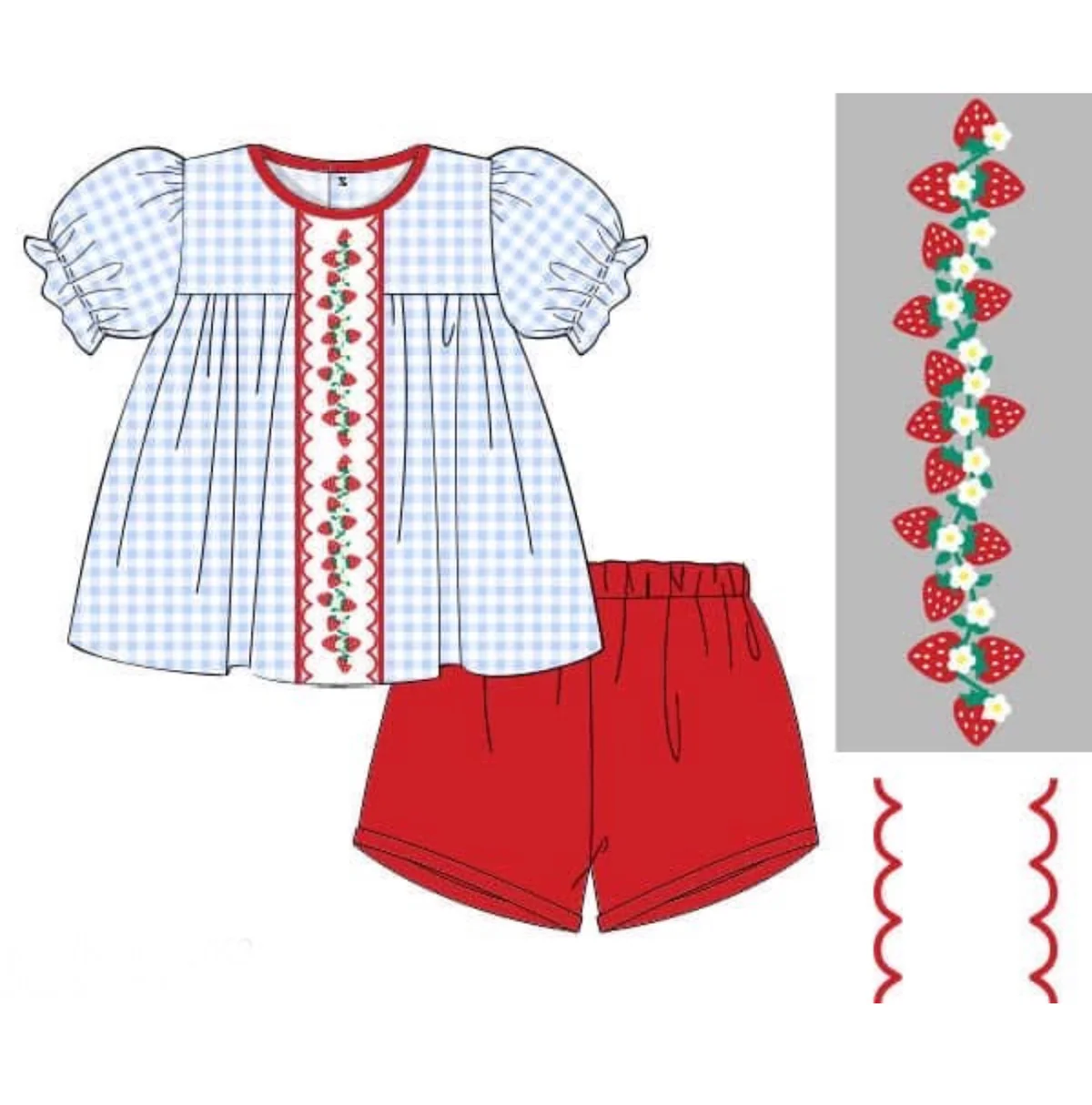 MOQ 5 PCS Preorder GSSO2878 Strawberry Floral Blue Plaid Short-Sleeve Red Shorts Girls Sets 202511