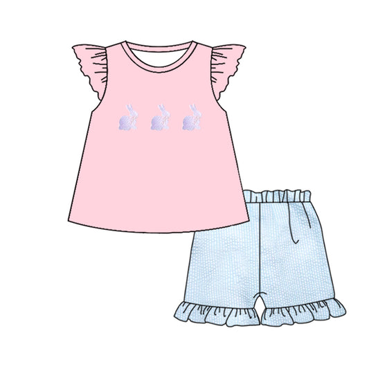 MOQ 5 PCS Preorder GSSO2882 Easter Bunny Pink Flying Sleeve Blue Ruffle Shorts Girls Sets 202511