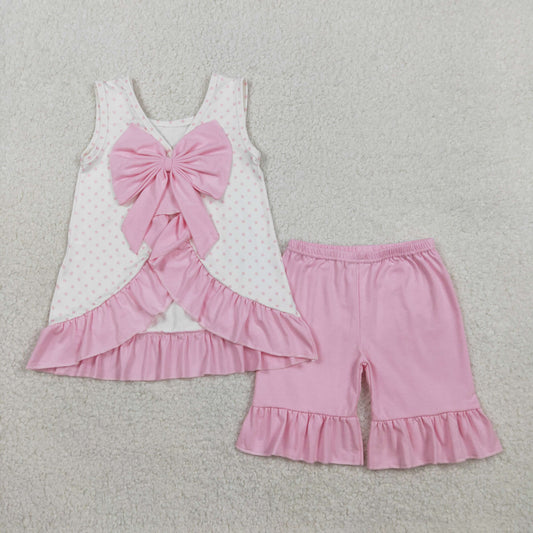 GSSO2884 Embroidered Sightseeing Car Pink Dots Bows Ruffle Sleeveless Shorts Girls Sets 202601 RTS